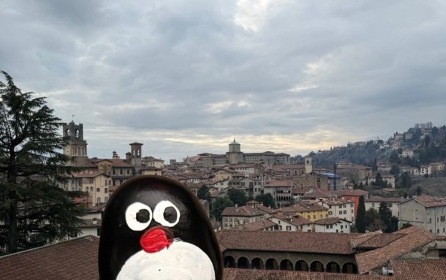 Hand-painted penguin stone #916 hidden at Parco della Rocca e Fauna Orobica, Bergamo, Italy