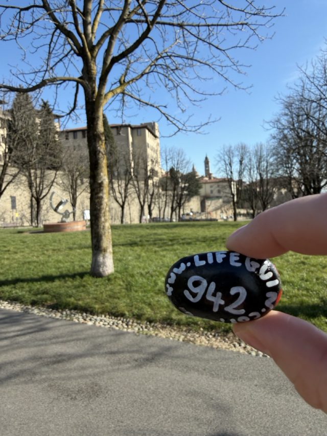 Hand-painted penguin stone #942 hidden at St John's Park, Bergamo, Italy (photo 4 of 5)
