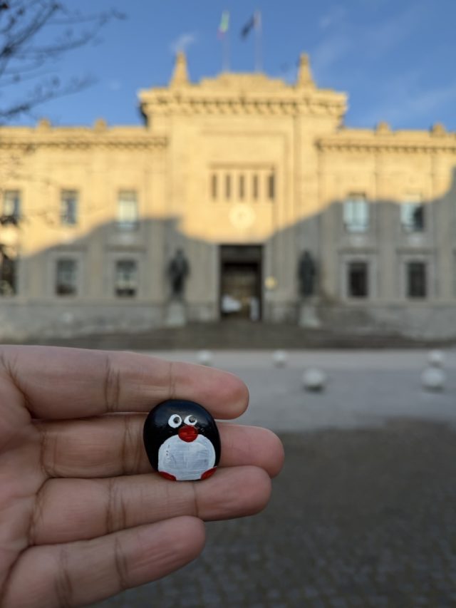 Hand-painted penguin stone #965 hidden at Giardini Comunali 'Enzo Tortora', Bergamo, Italy (photo 5 of 5)