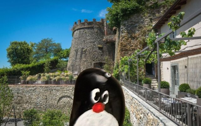 Hand-painted penguin stone #978 hidden at Torre Castello San Vigilio, Bergamo, Italy