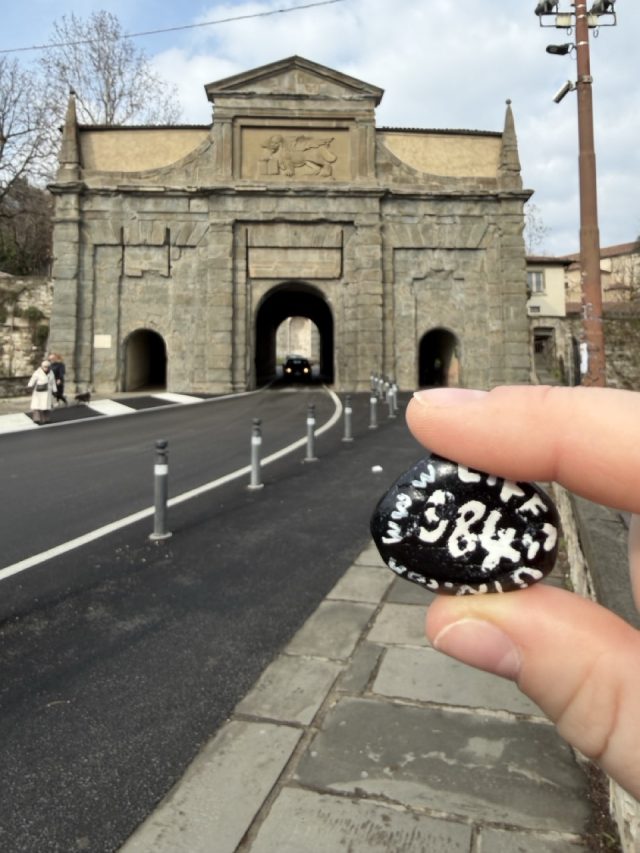 Hand-painted penguin stone #984 hidden at Saint Augustine Gate, Bergamo, Italy (photo 4 of 5)