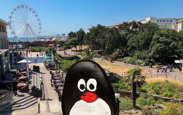 Hand-painted penguin stone #993 hidden at Bournemouth Parks Lower Gardens, Bournemouth, United Kingdom