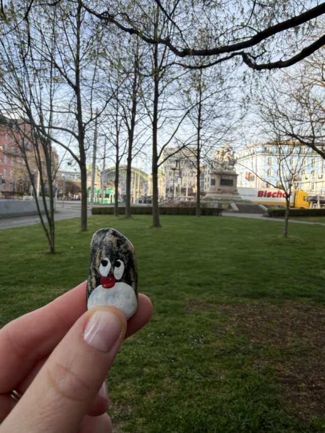 Hand-painted penguin stone #1416 hidden at Tree at Elisabethenanlage Park, Basel, Switzerland (photo 4 of 5)