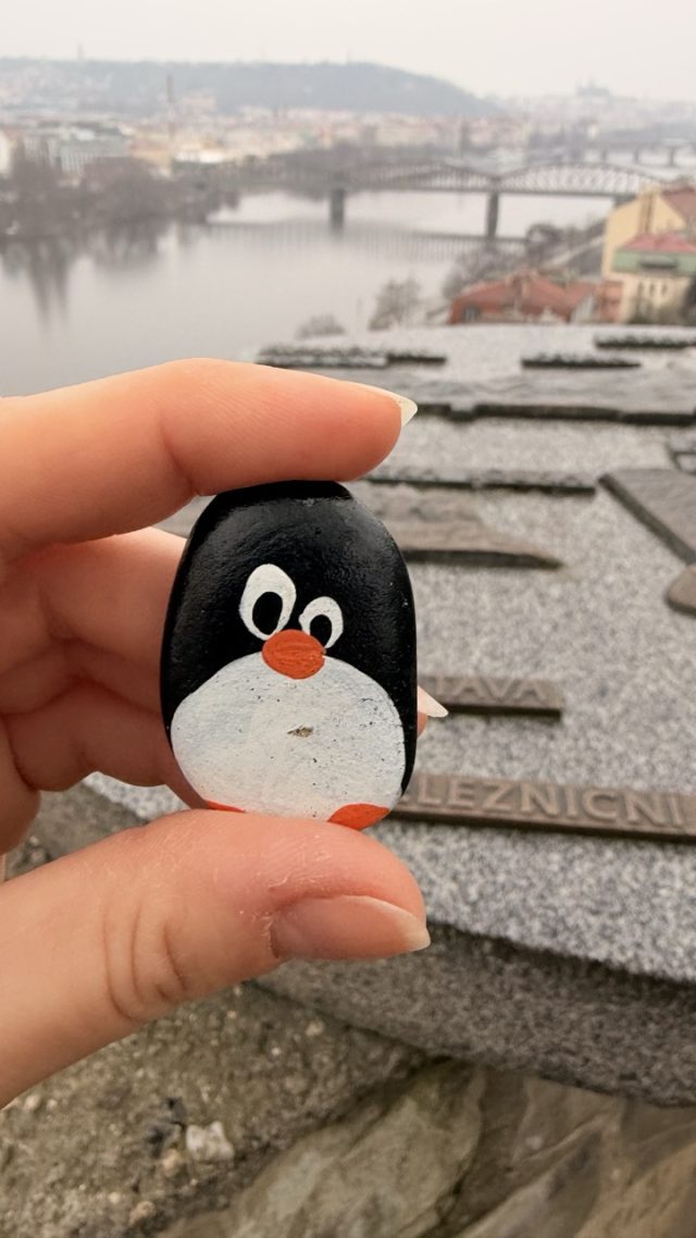 Hand-painted penguin stone #843 hidden at Hledisko Vysehrad, Prague, Czechia (photo 2 of 5)