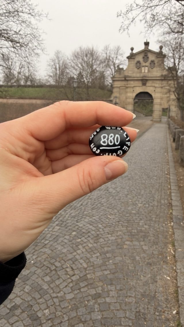 Hand-painted penguin stone #880 hidden at Leopold Gate in Vysehrad, Prague, Czechia (photo 3 of 5)