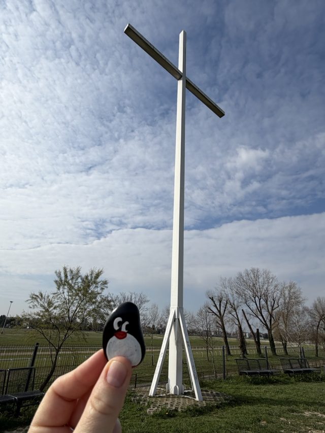 Hand-painted penguin stone #945 hidden at The Cross, Zagreb, Croatia (photo 2 of 5)