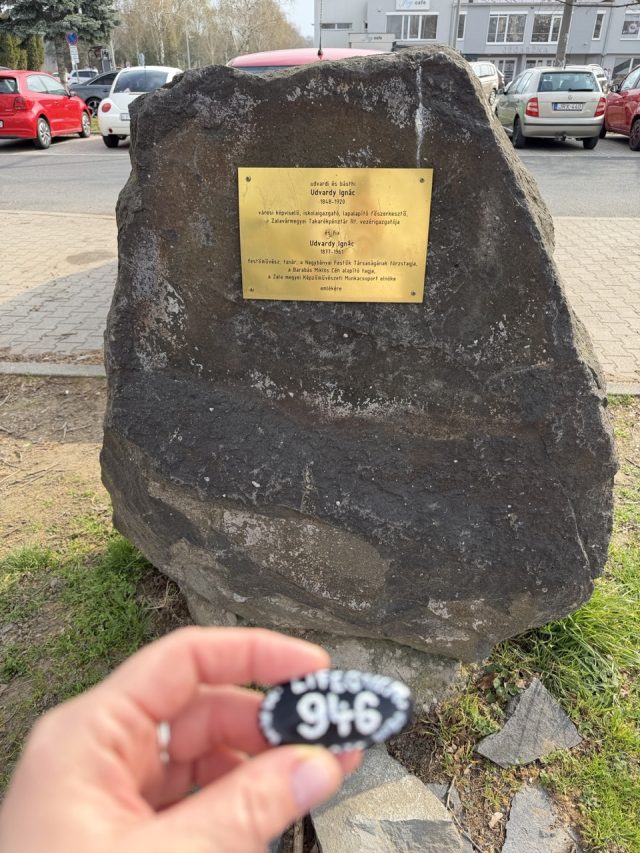 Hand-painted penguin stone #946 hidden at Udvardy Ignac Monument, Zalaegerszeg, Hungary (photo 2 of 4)