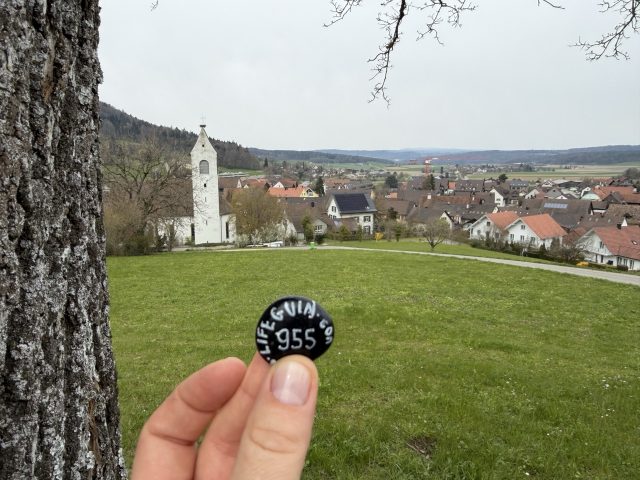 Hand-painted penguin stone #955 hidden at Bench, Stadel bei Niederglatt, Switzerland (photo 2 of 5)