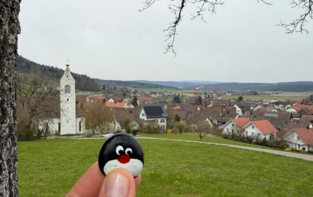 Hand-painted penguin stone #955 hidden at Bench, Stadel bei Niederglatt, Switzerland