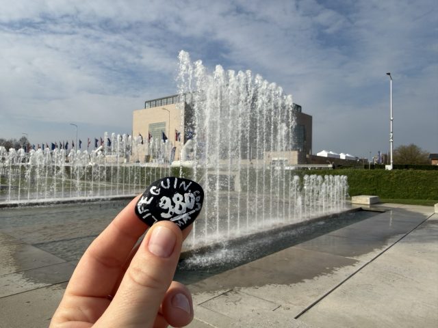 Hand-painted penguin stone #980 hidden at Park of Fountains, Zagreb, Croatia (photo 2 of 4)