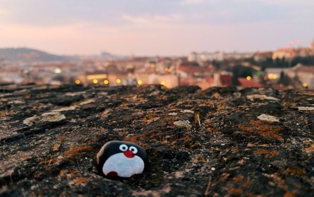 Hand-painted penguin stone #991 hidden at Vysehrad Viewpoint, Prague, Czechia