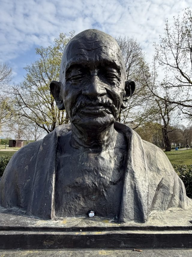 Hand-painted penguin stone #998 hidden at Mahatma Gandhi, Zagreb, Croatia (photo 2 of 5)