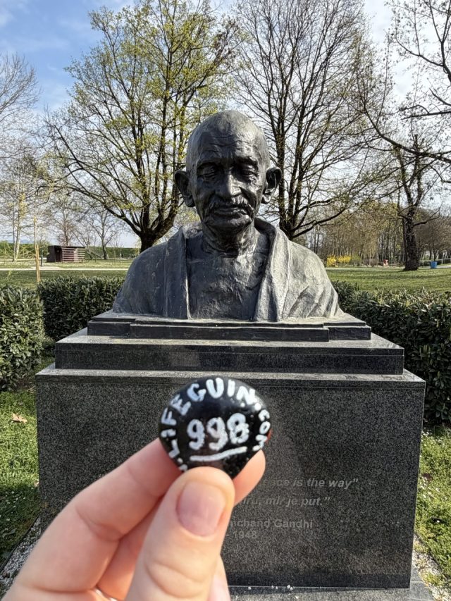 Hand-painted penguin stone #998 hidden at Mahatma Gandhi, Zagreb, Croatia (photo 3 of 5)