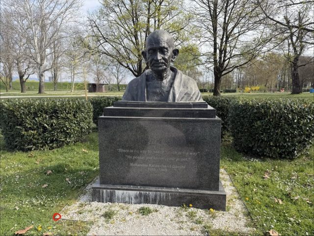Hand-painted penguin stone #998 hidden at Mahatma Gandhi, Zagreb, Croatia (photo 5 of 5)
