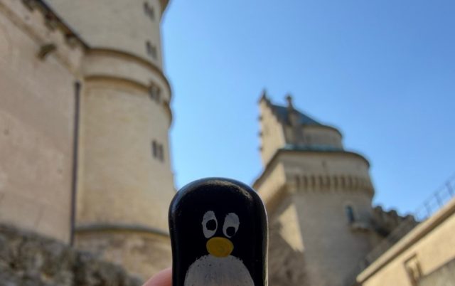 Hand-painted penguin stone #1007 hidden at Courtyard at Bojnice Castle, Bojnice, Slovakia