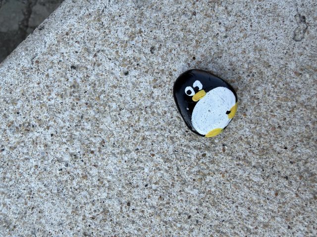 Hand-painted penguin stone #1014 hidden at Bojnice's rotunda, Bojnice, Slovakia (photo 5 of 5)