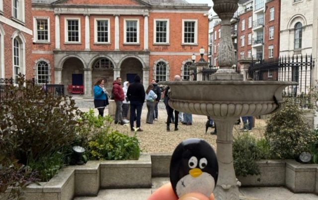 Hand-painted penguin stone #1038 hidden at Dublin Castle, Dublin, Ireland