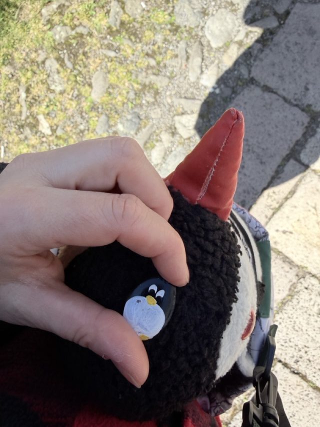 Hand-painted penguin stone #1047 hidden at Kremnica Castle, Kremnica, Slovakia (photo 3 of 5)