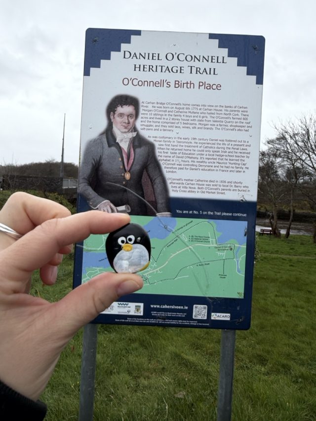 Hand-painted penguin stone #1058 hidden at Birthplace of Daniel O'Connell, Cahersiveen, Ireland (photo 3 of 5)