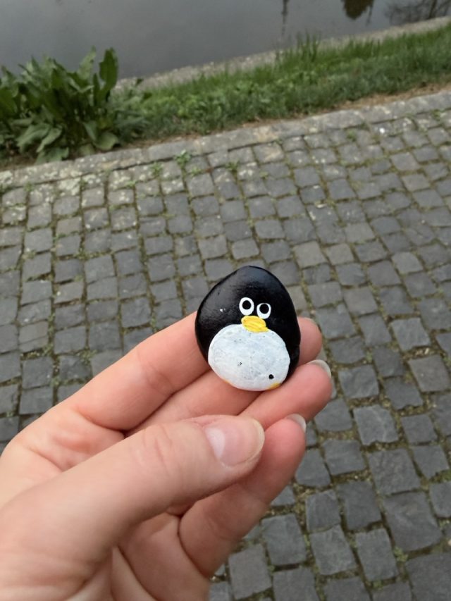Hand-painted penguin stone #1068 hidden at Bench close to Bojnice Rotunda, Bojnice, Slovakia (photo 3 of 5)