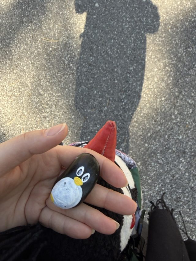 Hand-painted penguin stone #1076 hidden at Tree close to Cajka Viewpoint, Bojnice, Slovakia (photo 2 of 5)