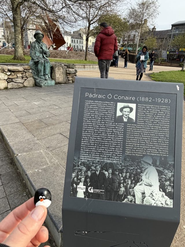 Hand-painted penguin stone #1086 hidden at Eyre Square, Galway, Ireland (photo 2 of 5)
