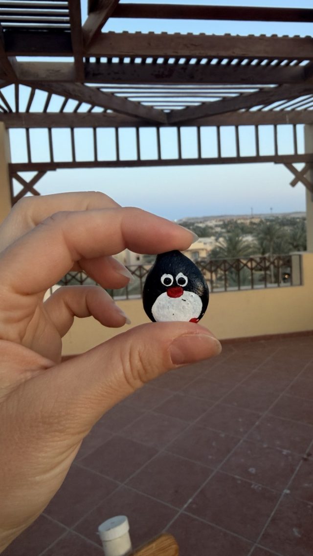 Hand-painted penguin stone #879 hidden at The Tower at Steigenberger Coraya Beach, Marsa Alam, Egypt (photo 2 of 5)