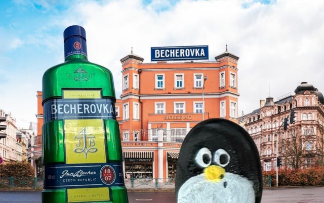 Ručne maľovaný tučniakový kameň č. 1018 ukrytý na mieste The Home of Becherovka, Karlove Vary, Česko