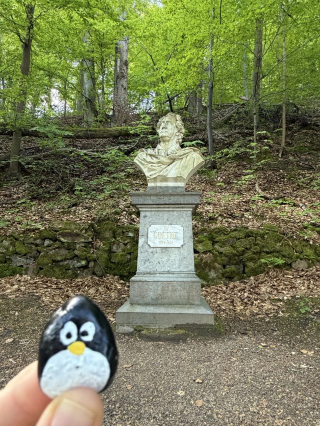 Hand-painted penguin stone #1061 hidden at Bust of Johann Wolfgang von Goethe, Karlove Vary, Czechia (photo 2 of 5)