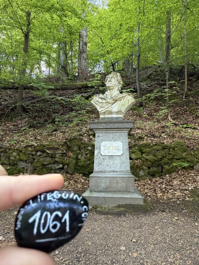 Hand-painted penguin stone #1061 hidden at Bust of Johann Wolfgang von Goethe, Karlove Vary, Czechia (photo 3 of 5)