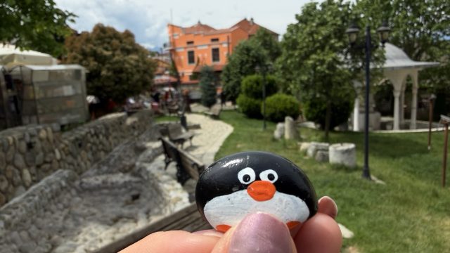 Hand-painted penguin stone #1099 hidden at Old Stone Bridge, Prizren, Kosovo (photo 2 of 4)
