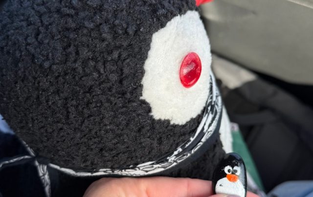 Hand-painted penguin stone #1118 hidden at Shell Gas Station Tree, Han i Elezit, Kosovo
