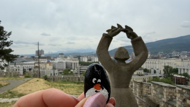Hand-painted penguin stone #1137 hidden at Fortress View Point, Skopje, North Macedonia (photo 2 of 5)