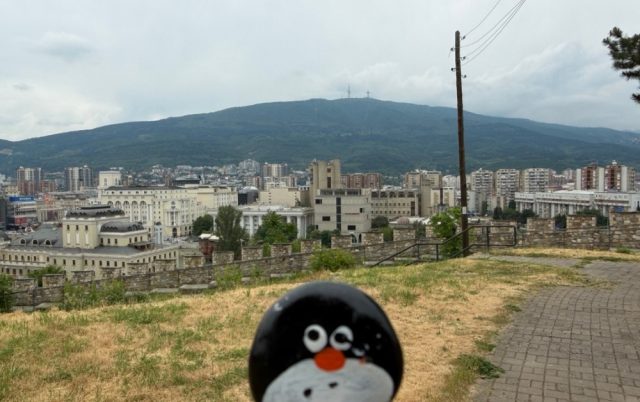 Hand-painted penguin stone #1149 hidden at Stairs in Skopje Fortress, Skopje, North Macedonia