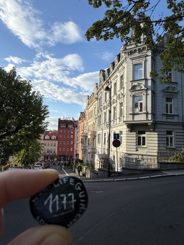 Hand-painted penguin stone #1177 hidden at Traffic Sign, Karlove Vary, Czechia (photo 2 of 5)
