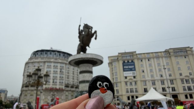 Hand-painted penguin stone #1334 hidden at Faculty of Visual Arts, Skopje, North Macedonia (photo 2 of 5)