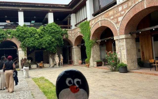 Hand-painted penguin stone #1334 hidden at Faculty of Visual Arts, Skopje, North Macedonia