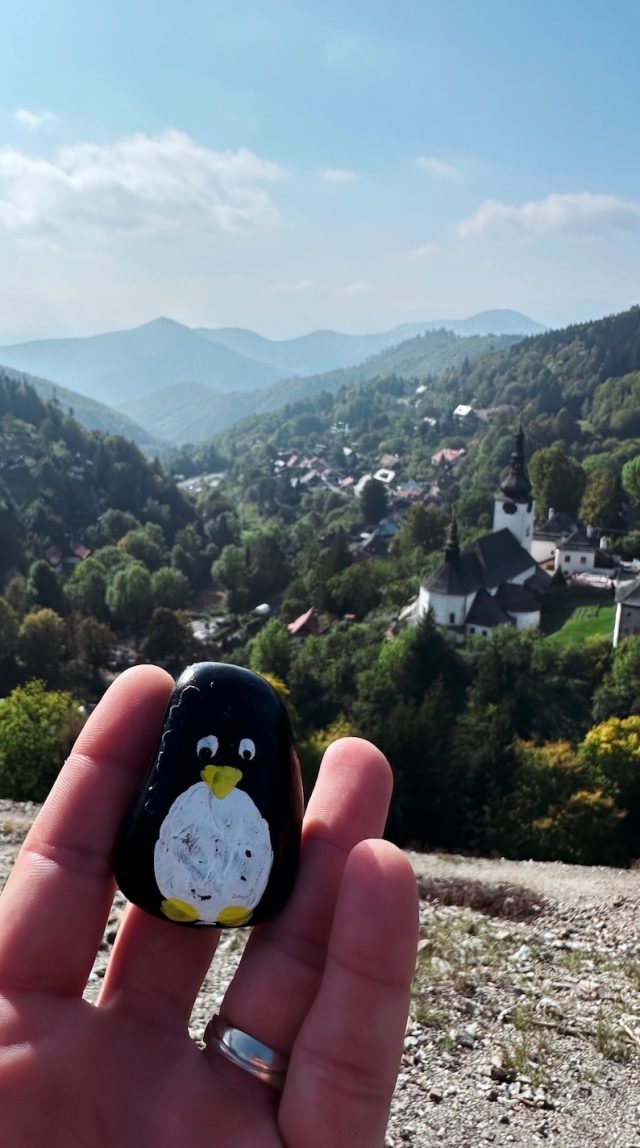 Hand-painted penguin stone #27 hidden at Halda Maximilian viewpoint, Spania Dolina, Slovakia (photo 4 of 4)