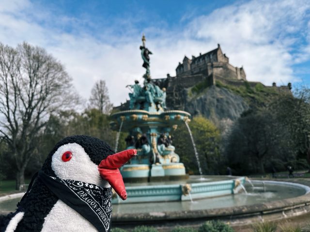 Hand-painted penguin stone #359 hidden at Ross Fountain, Edinburgh, United Kingdom (photo 3 of 5)
