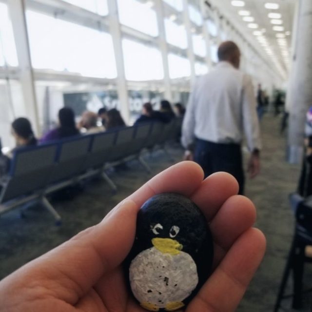 Hand-painted penguin stone #46 hidden at Aeroparque Internacional Jorge Newbery, Buenos Aires, Argentina (photo 2 of 4)