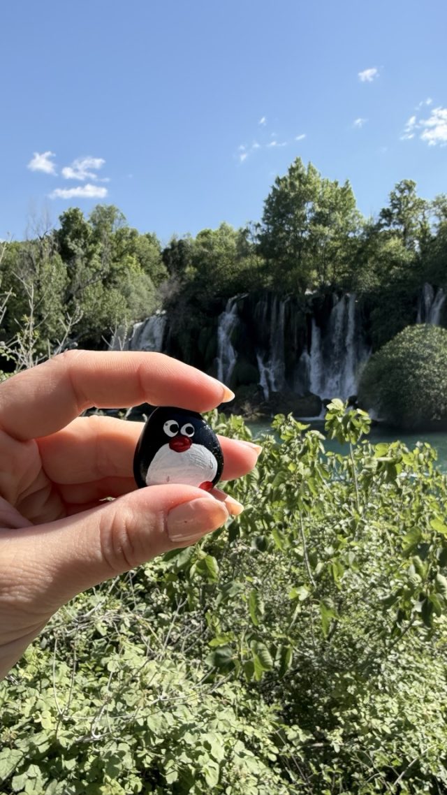 Hand-painted penguin stone #903 hidden at Viewpoint, Kravica Waterfalls, Bosnia and Herzegovina (photo 2 of 4)