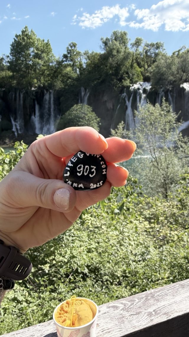 Hand-painted penguin stone #903 hidden at Viewpoint, Kravica Waterfalls, Bosnia and Herzegovina (photo 3 of 4)