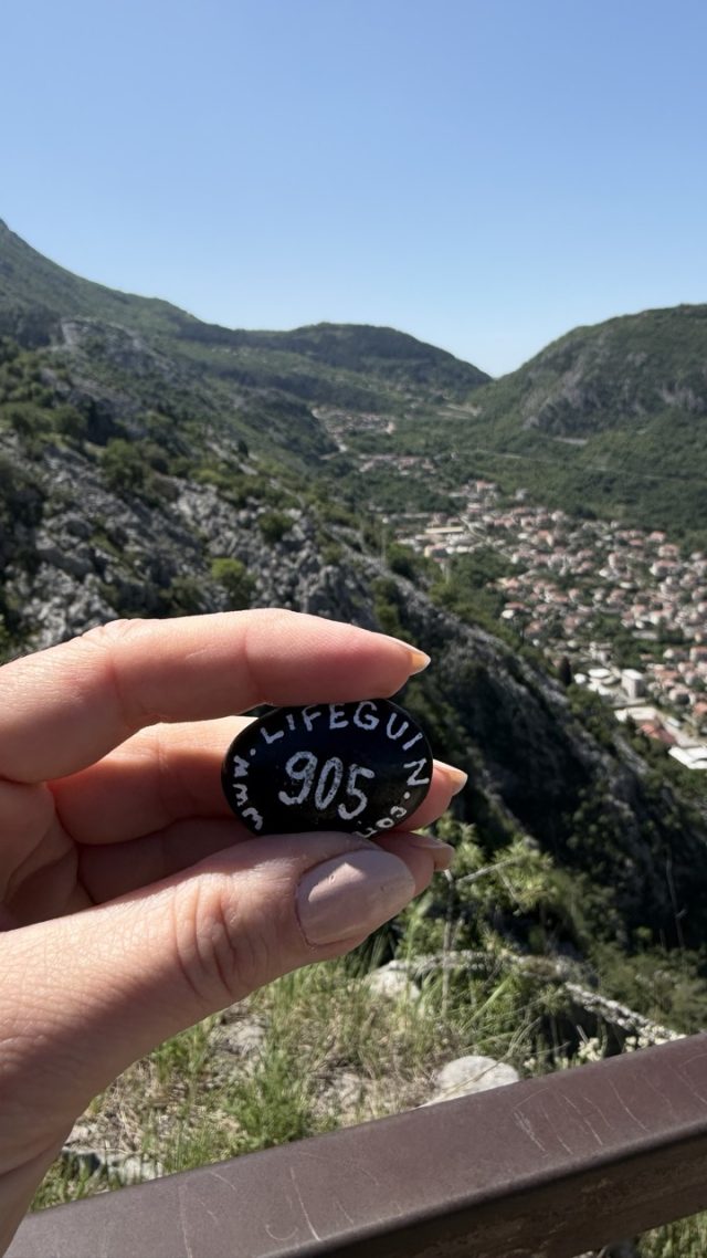 Hand-painted penguin stone #905 hidden at Top of San Giovanni, Kotor, Montenegro (photo 2 of 5)