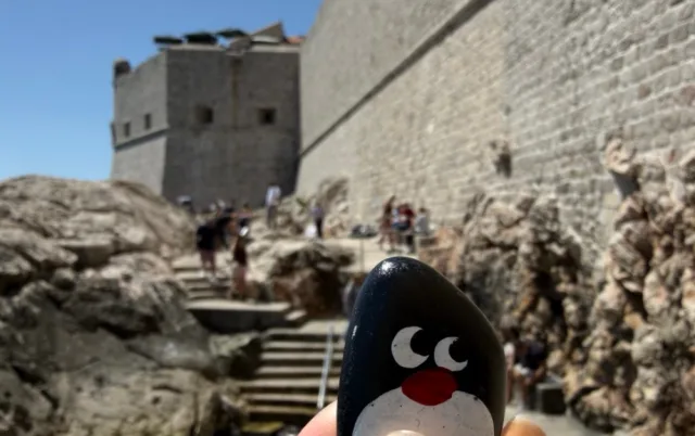 Hand-painted penguin stone #910 hidden at St. John's Fort, Dubrovnik, Croatia
