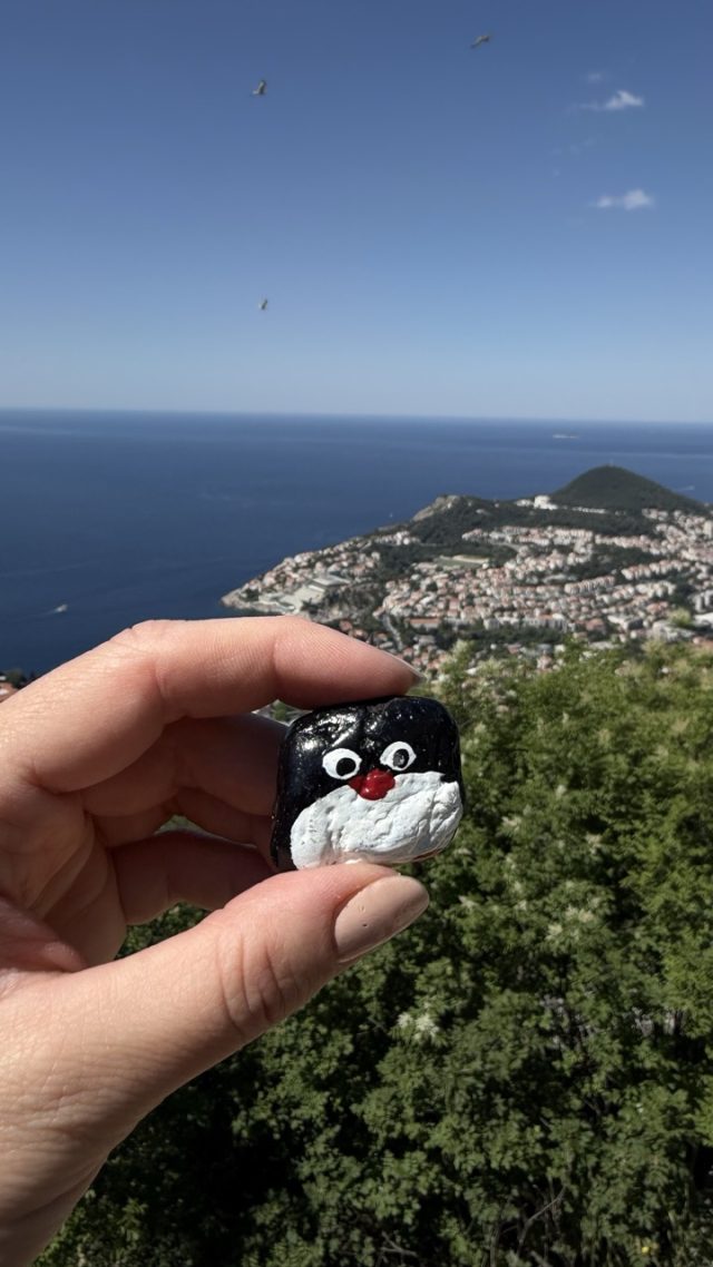 Hand-painted penguin stone #917 hidden at Dubrovnik Stations of the Cross XIII, Dubrovnik, Croatia (photo 2 of 5)