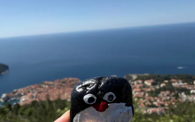 Hand-painted penguin stone #917 hidden at Dubrovnik Stations of the Cross XIII, Dubrovnik, Croatia