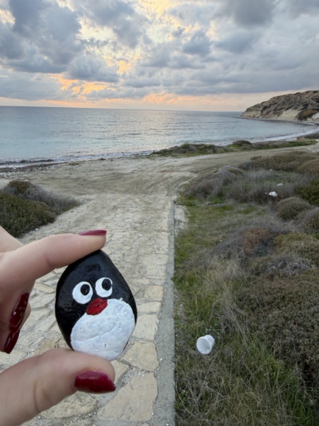 Hand-painted penguin stone #928 hidden at Aphrodite Picknic Spot, Kouklia Community, Cyprus (photo 3 of 5)