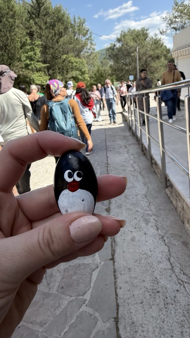 Hand-painted penguin stone #930 hidden at Stone at Kravica Waterfalls, Studenci, Bosnia and Herzegovina (photo 2 of 5)