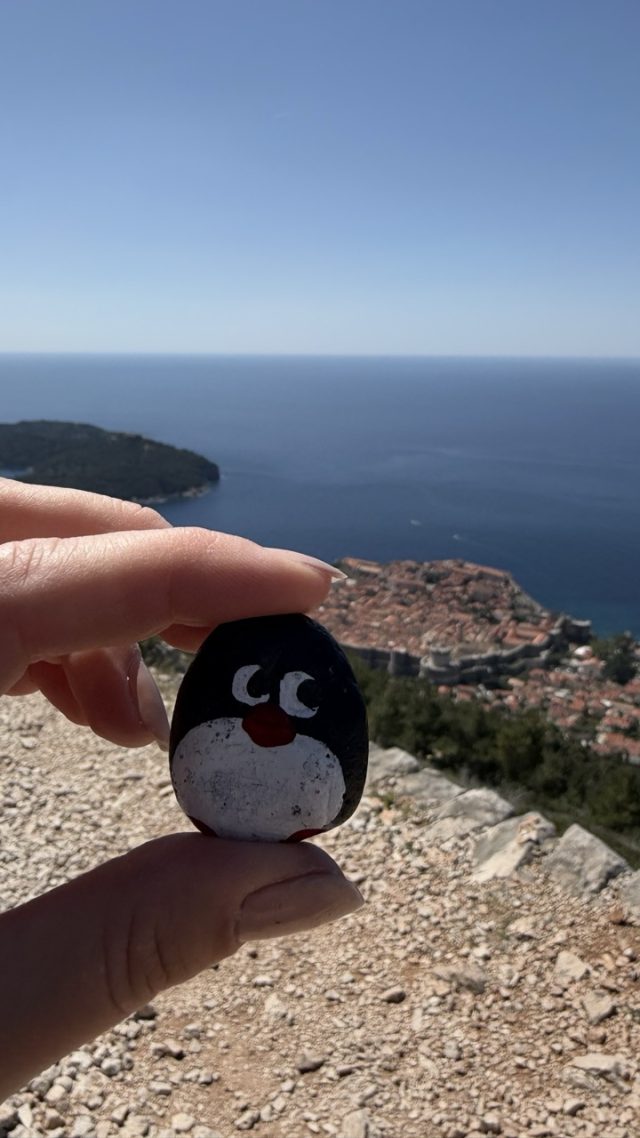 Hand-painted penguin stone #935 hidden at Dubrovnik Stations of the Cross XI, Dubrovnik, Croatia (photo 2 of 5)
