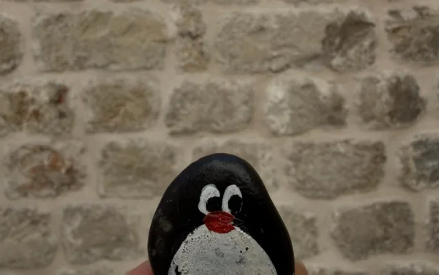 Hand-painted penguin stone #943 hidden at Random stone wall, Dubrovnik, Croatia